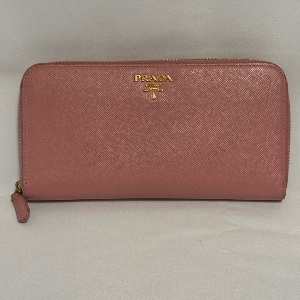 Prada Saffiano Zip Around Wallet Pink Gold Logo Continental - Picture 10 of 15